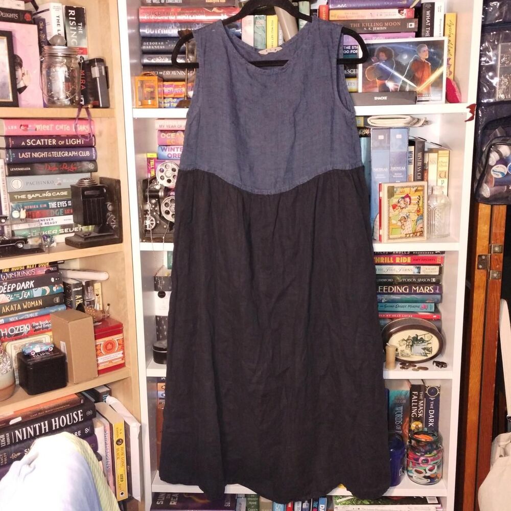 Fog Linen Work Two Toned Navy Linen Dress